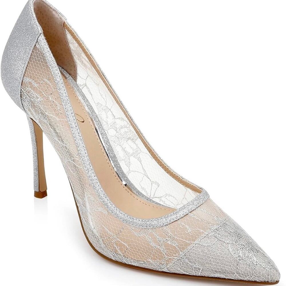 JEWEL BADGLEY MISCHKA GIA LACE EVENING PUMPS IN‎ SILVER NWOB WOMEN'S SIZE 8.5